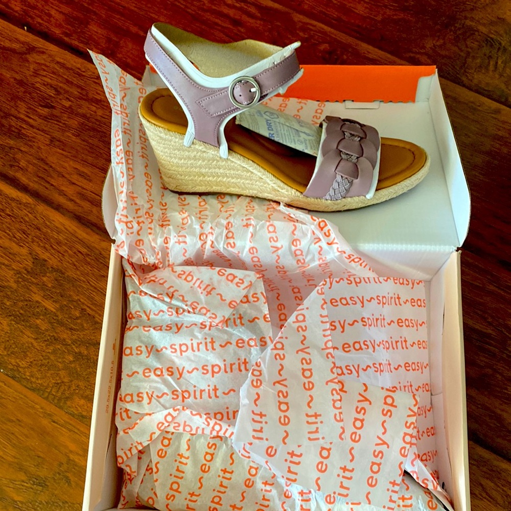 Easy spirit Aisha wedge, never worn, in box.  Lavender with and Velcro “buckle”